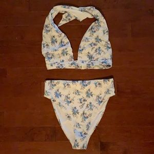 High waist bottom + halter top floral bikini set